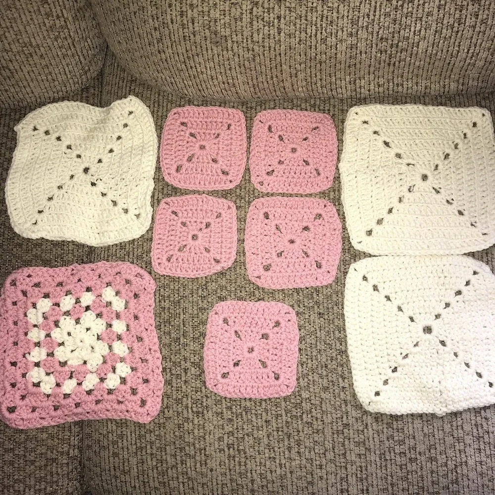 9 Granny‎ Squares Blocks Crochet Pink Cream Color Lot Afghans Bags Hat for Throw